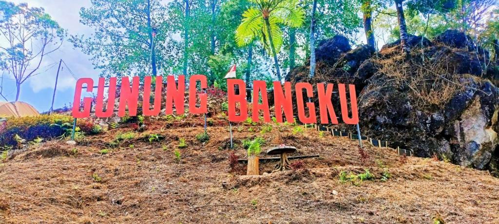 希维德Gunung bangku ciwidey rancabali camp的树冠在山顶上的标志