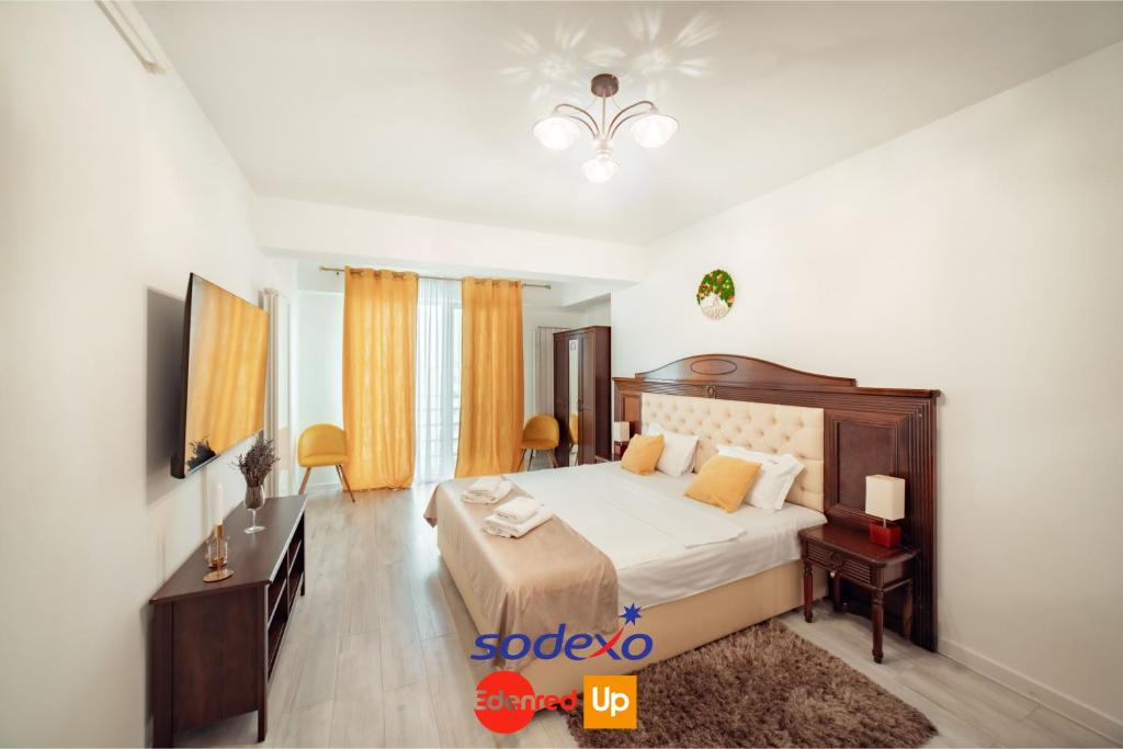 雅西LUXURY Cozy Apartments and Studios Palas Mall Iasi的一间卧室配有一张床和一台电视