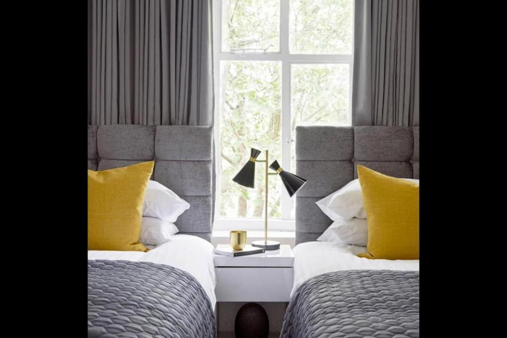斯坦福勒霍普Lovely 2-Bed Apartment in Stanford-le-Hope的一间卧室配有两张带黄色枕头的床和窗户。