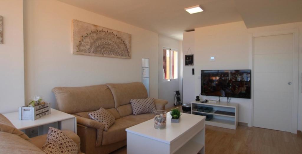 拉曼加戴尔马尔梅纳Apartamento jardin del mar 7.5的带沙发和电视的客厅