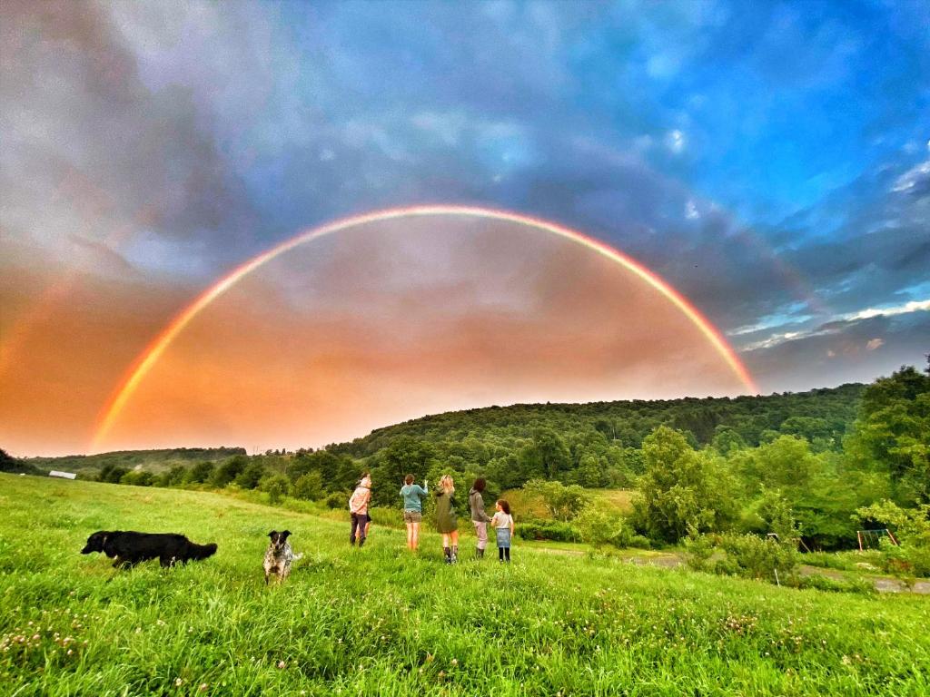 WaltonStony Creek Farmstead的一群人站在一个有彩虹的田野里