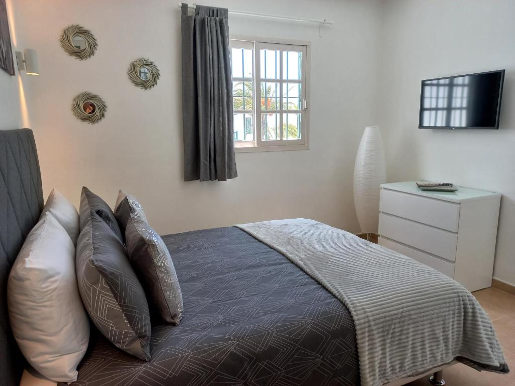 蒂亚斯SunnyDaze的卧室配有带枕头的床铺和窗户。
