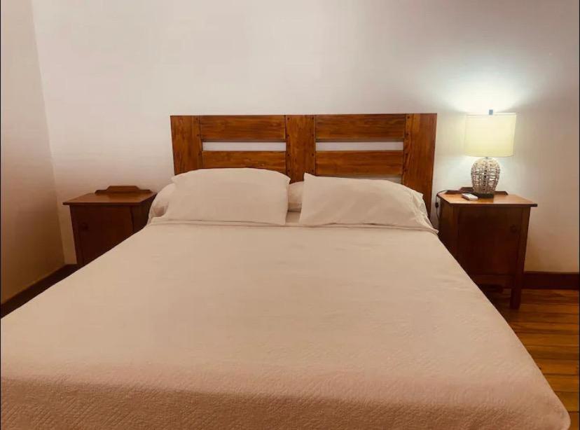 乌蒂拉Utila Water Sports Deluxe Apt的一间卧室配有一张带两张桌子和一盏灯的床