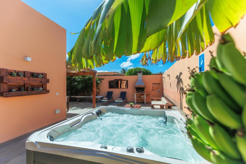 拉奥利瓦Villa Roby Corralejo的后院的热水浴缸,里面放着一束香蕉