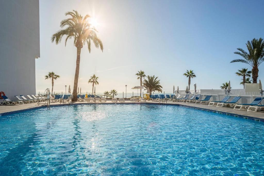 莫哈卡尔最佳英达罗酒店的一座棕榈树和椅子的大型游泳池