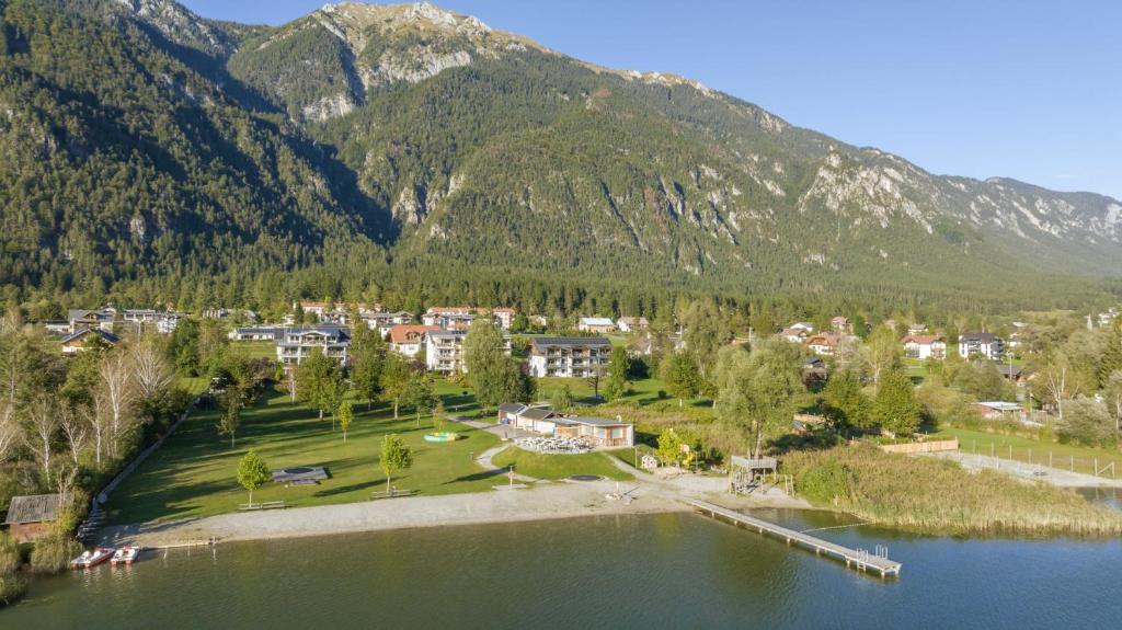 黑马戈尔Apartments De Luxe Schluga的享有湖泊和山脉的度假村的空中景致