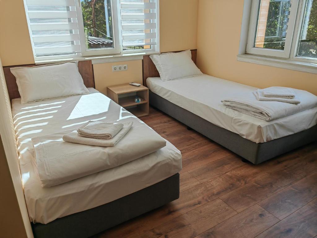 特罗扬стаи за гости TODA的带2扇窗户的客房内的2张单人床