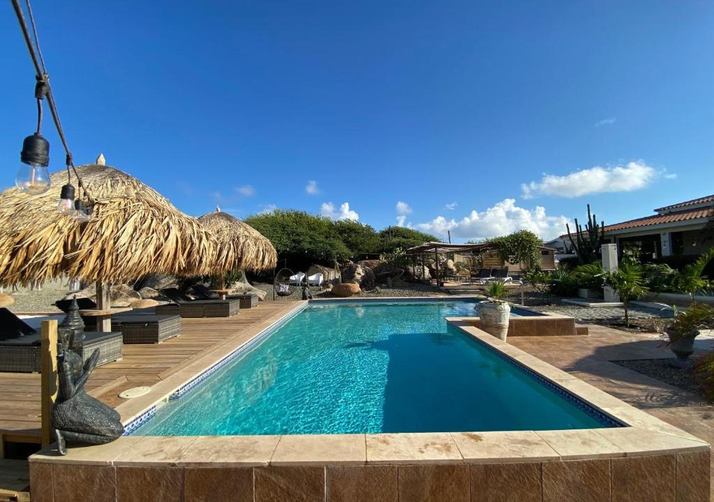 努尔德Pura Vida Aruba appartement Cama的一个带草伞的度假村内的游泳池