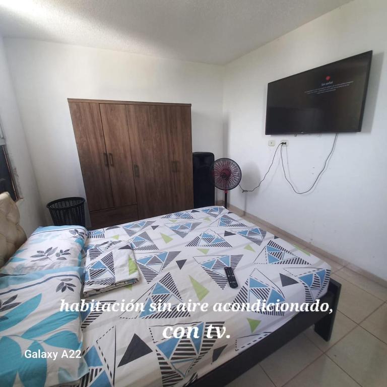 巴耶杜帕尔HABITACION EN APARTAMENTO COMPARTIDO - VENTILADOR的一间卧室配有一张床和一台平面电视
