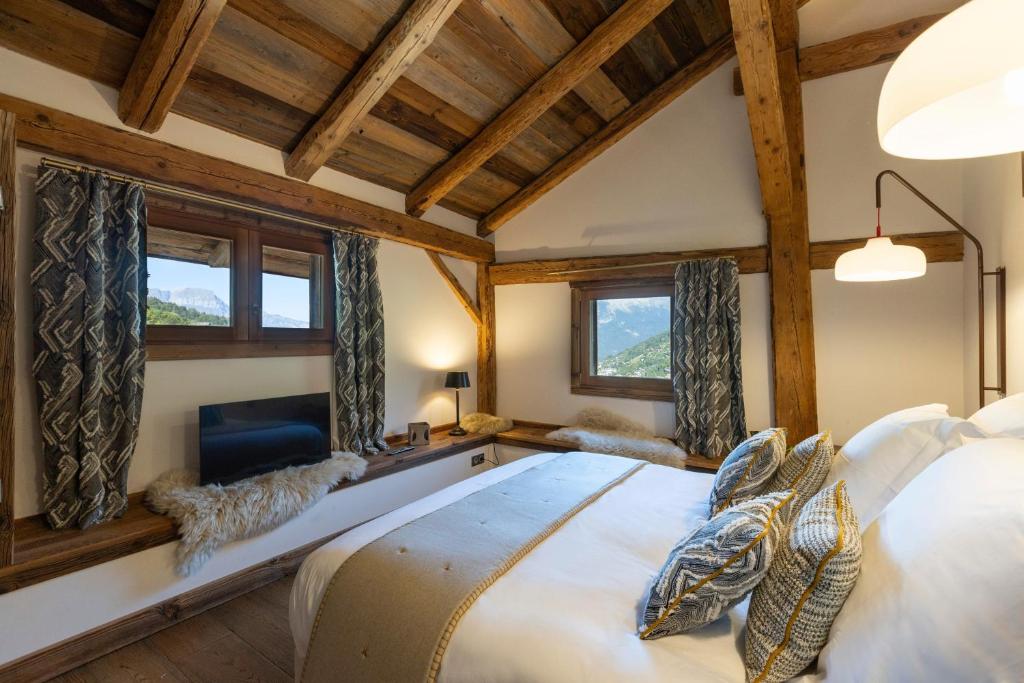 圣热尔韦莱班Wanderful Life MontBlanc refuge haut de gamme的一间卧室设有一张大床和两个窗户。