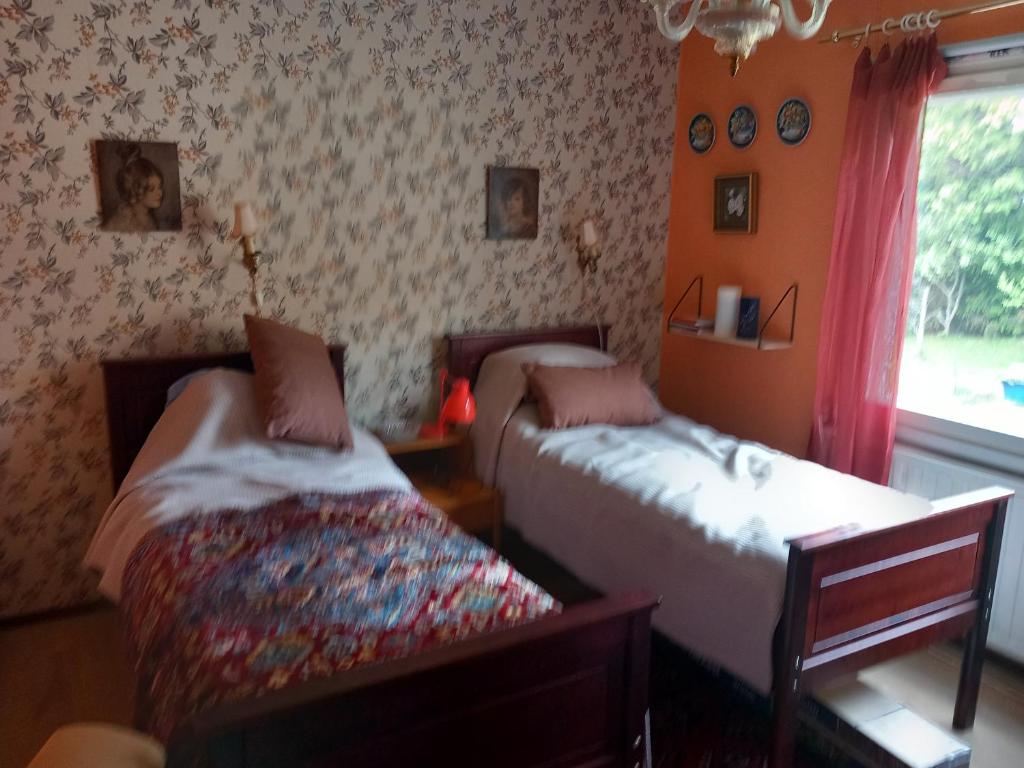 萨洛Vaskio-bed的一间卧室设有两张床和窗户。