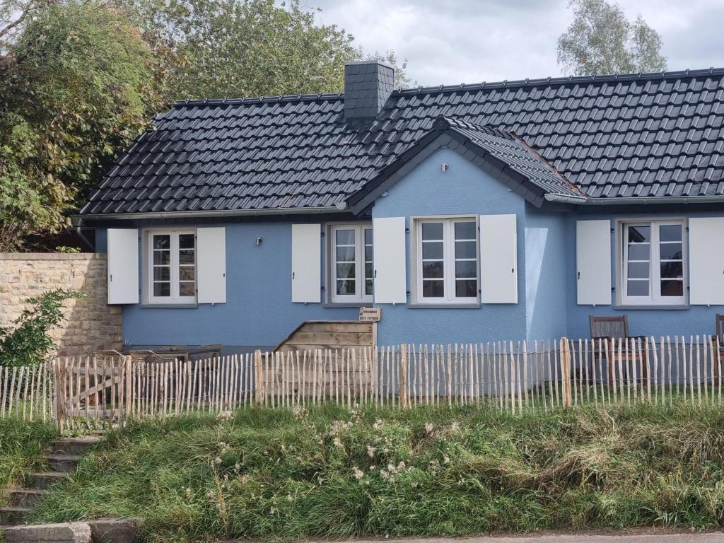 梅谢尼希Charmantes Eifel Ferienhaus an der Schavener Heide的前面有栅栏的蓝色房子