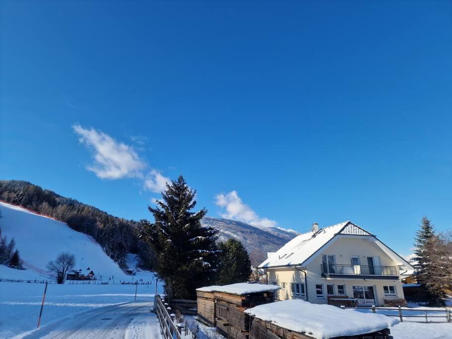 圣迈克尔隆高Luxury villa 2-10 people with Sauna close to Lift / FIS Ski slope的雪中的房子,背景是山