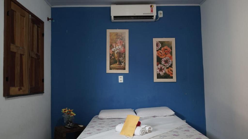 巴雷里尼亚斯pousada chykos的客房内的蓝色墙壁和床