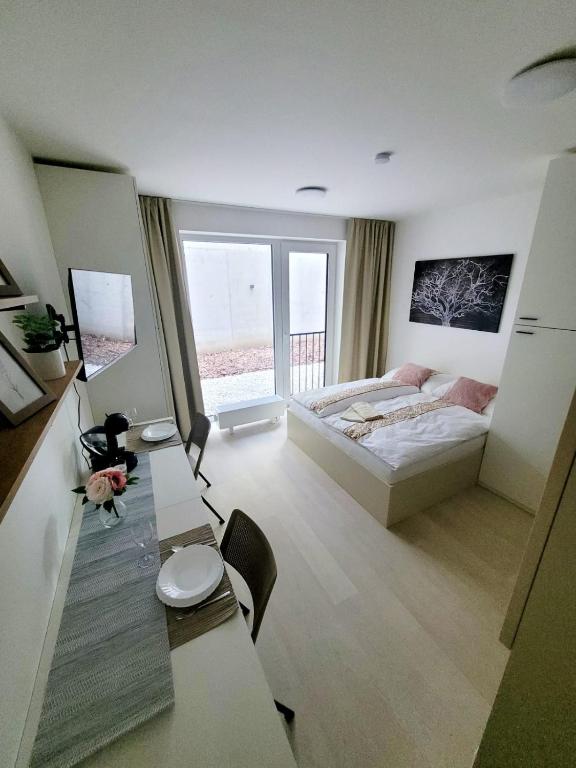 布尔诺Garden apartment Brno center的一间卧室配有一张床和一张桌子及椅子