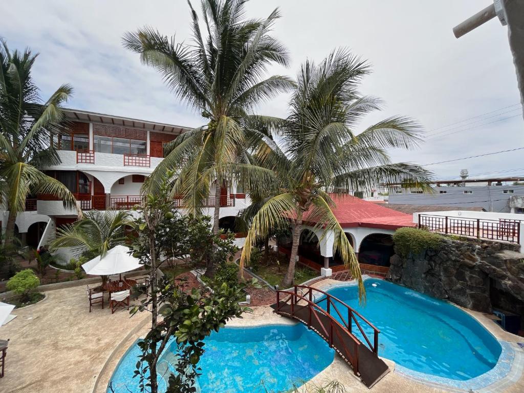 阿约拉港Hotel Silberstein的一座带游泳池、棕榈树和大楼的度假村