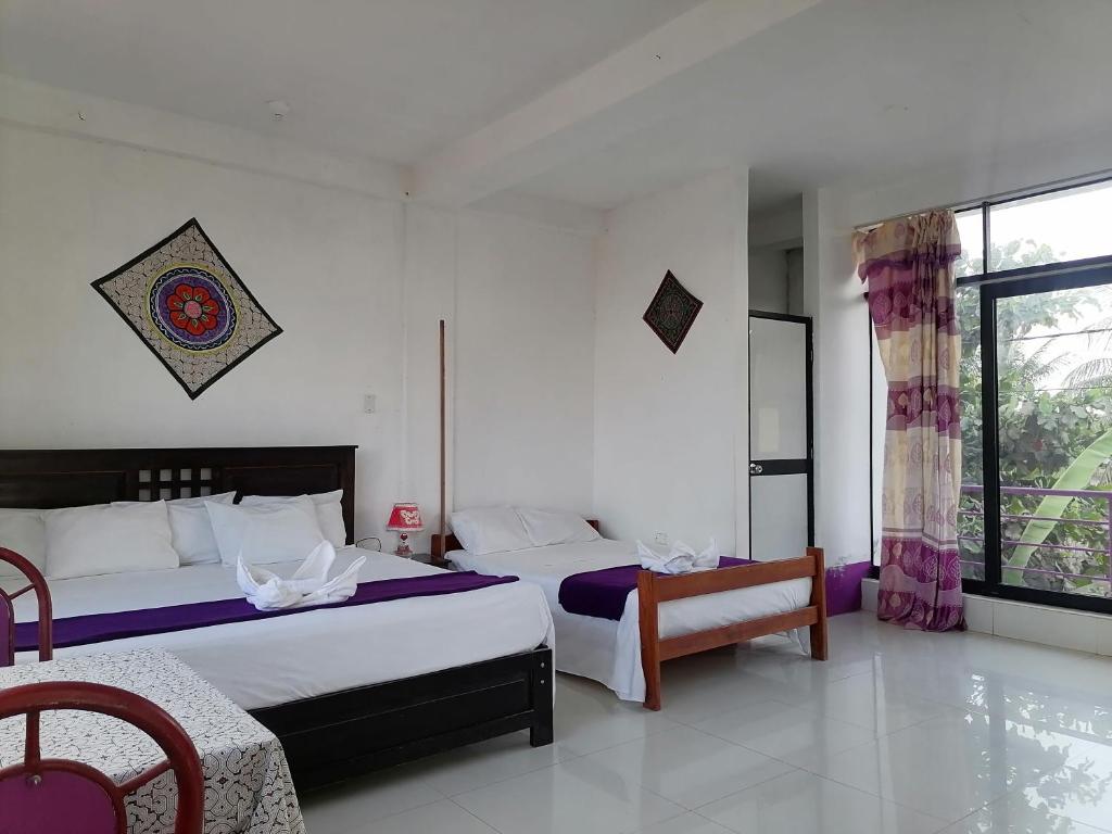 马尔多纳多港Chimicuas House的一间卧室设有两张床和大窗户