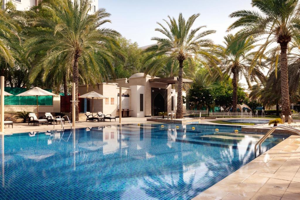 马斯喀特阿曼喜来登酒店的一座棕榈树环绕的大型游泳池