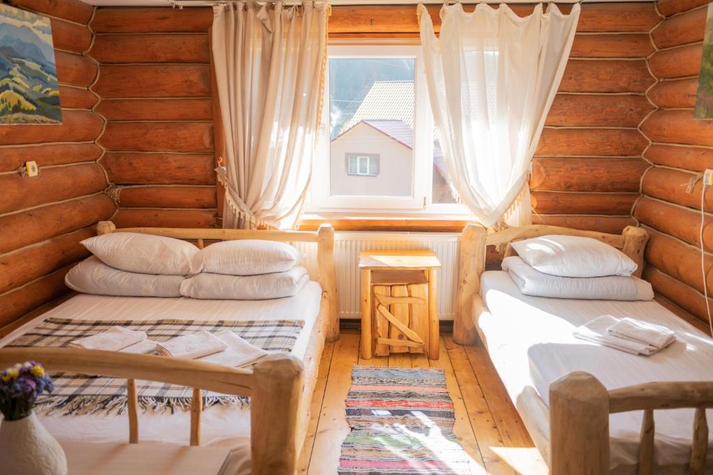 塞尼维斯卡波利亚纳Будинок Художника的带窗户的客房内的两张床