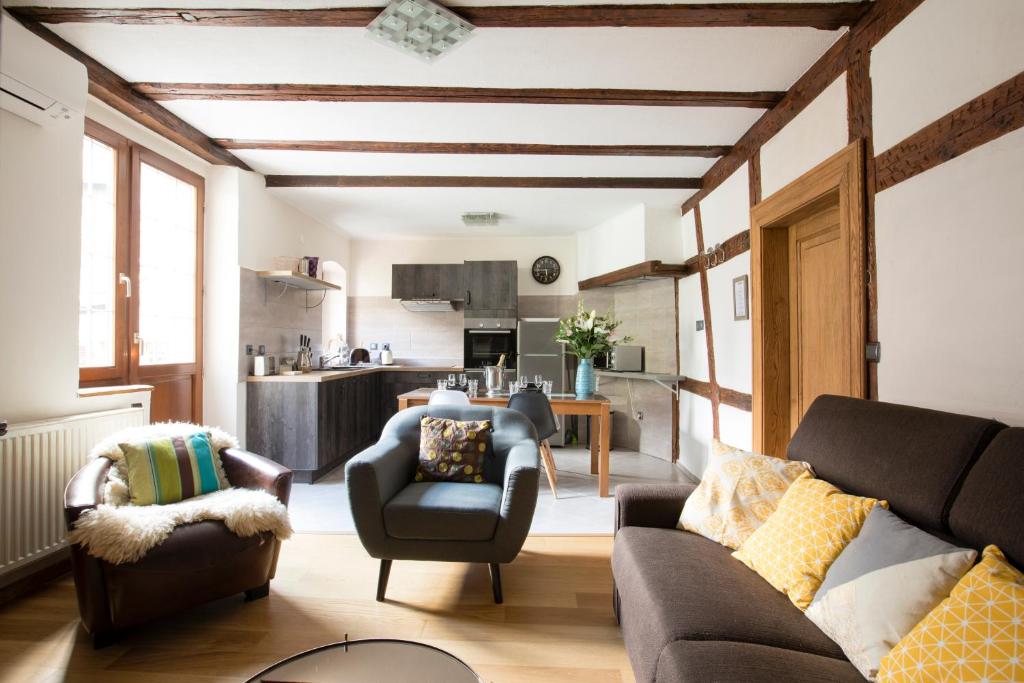利克维Laterale Residences Riquewihr的带沙发和椅子的客厅以及厨房。