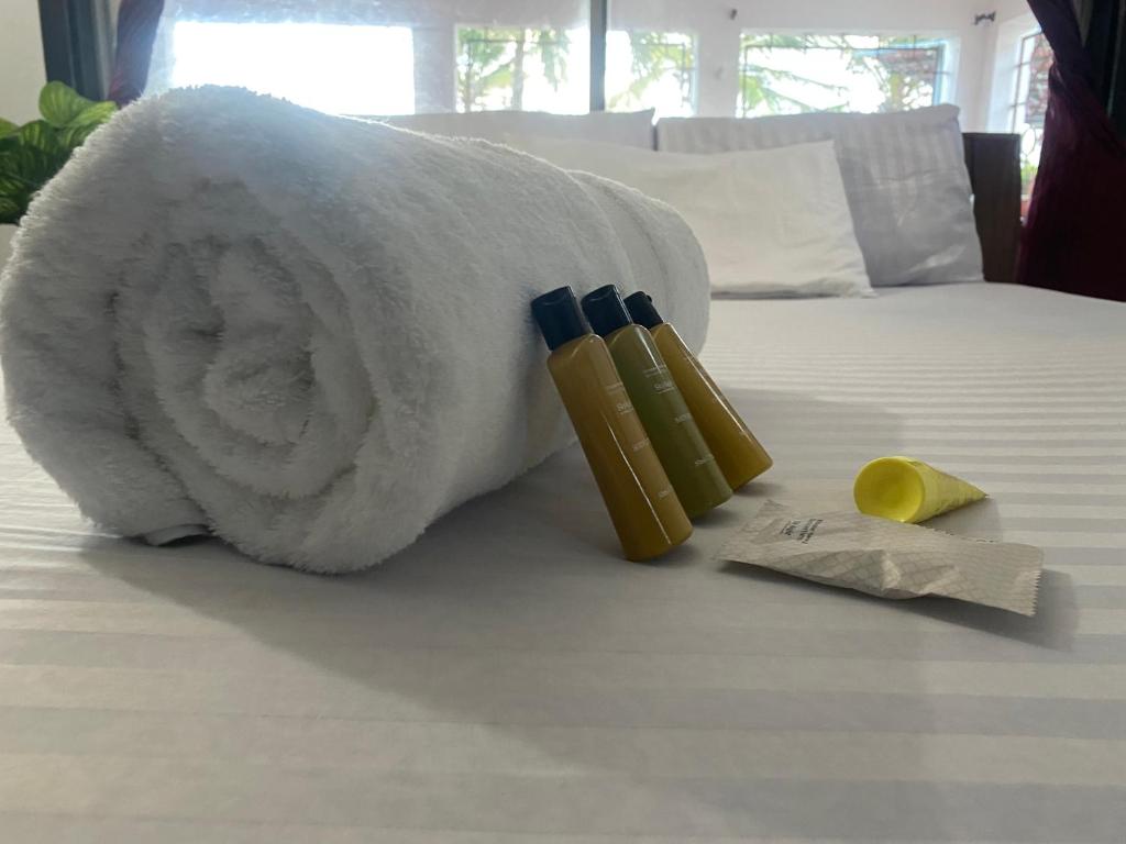 蒙巴萨Sea whispers的床上的白色毛巾和2瓶