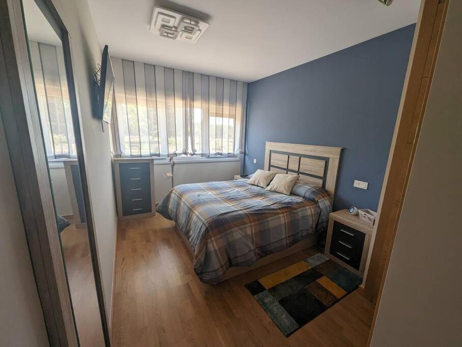 布尔戈斯Piso completo y moderno, Burgos的一间卧室配有一张蓝色墙壁的床