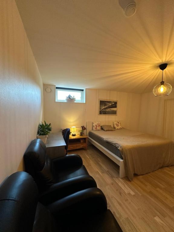 哥德堡Spacious private room in a Vegan household的一间卧室配有一张床、一张沙发和一把椅子