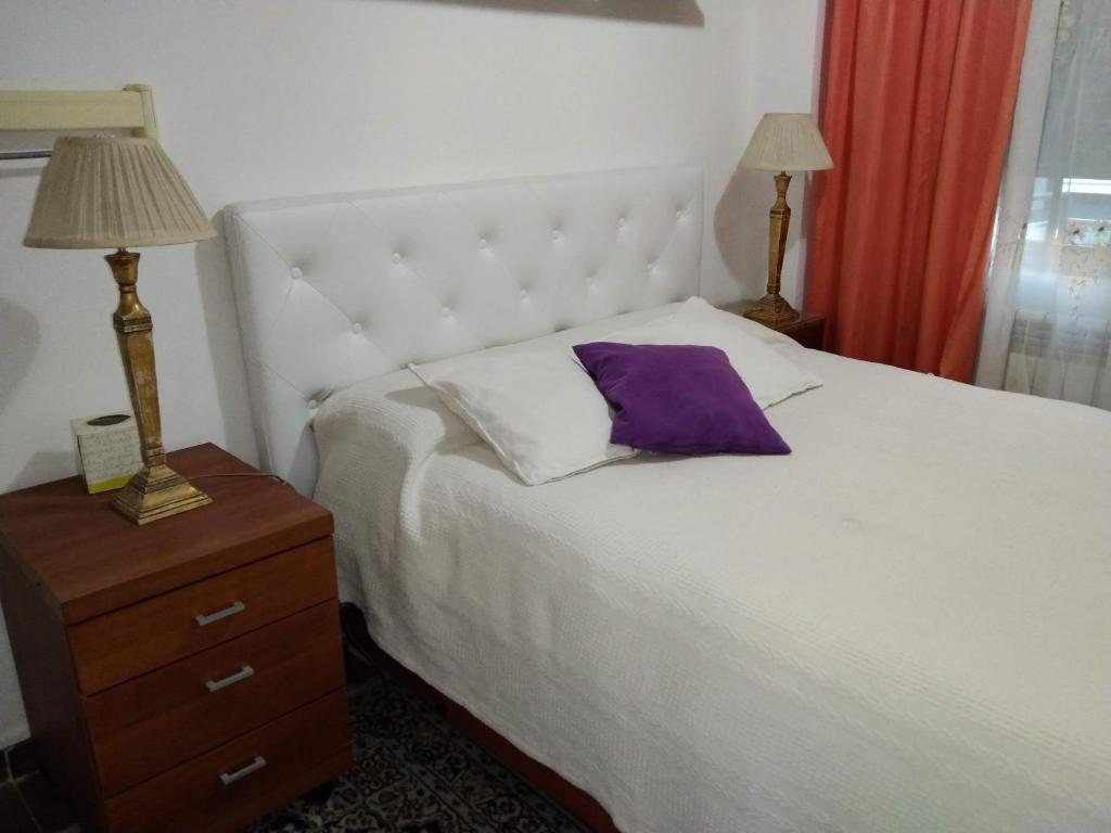 马德里Habitaciones individuales en apartamento turístico的卧室配有白色的床和紫色枕头