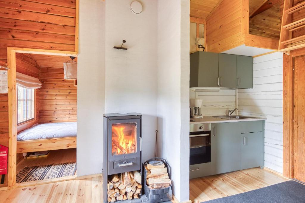 PyhärantaPinetree Cottages Blue Cabin的小木屋内带壁炉的厨房