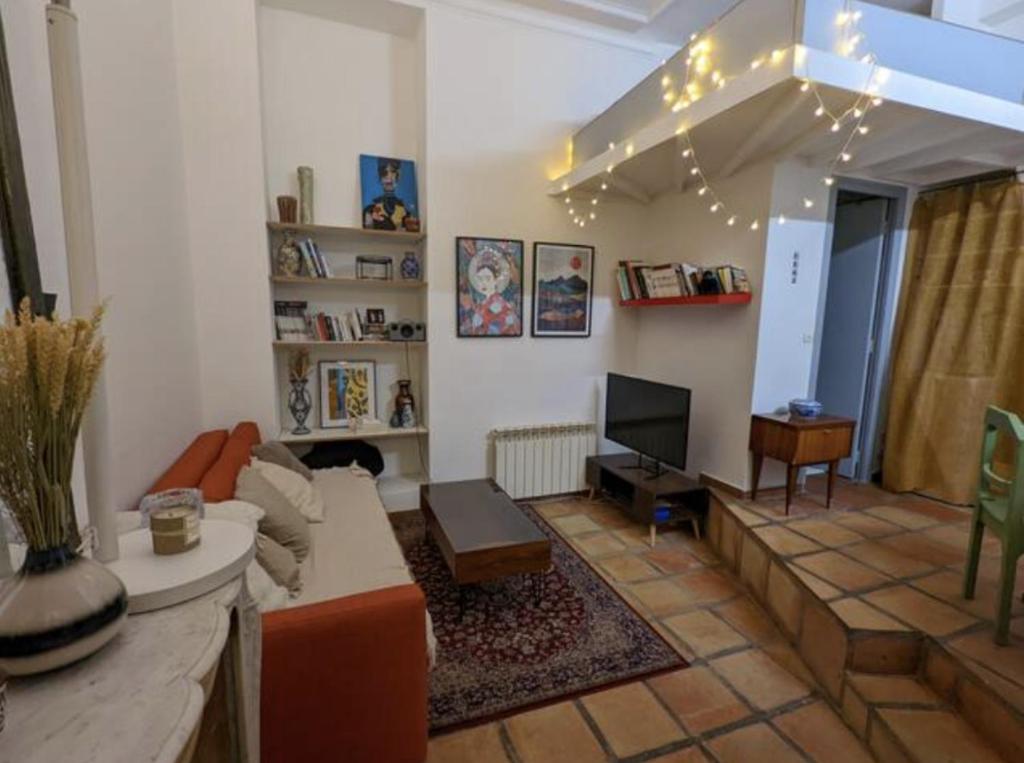 巴黎Charmant studio atypique的带沙发和电视的客厅