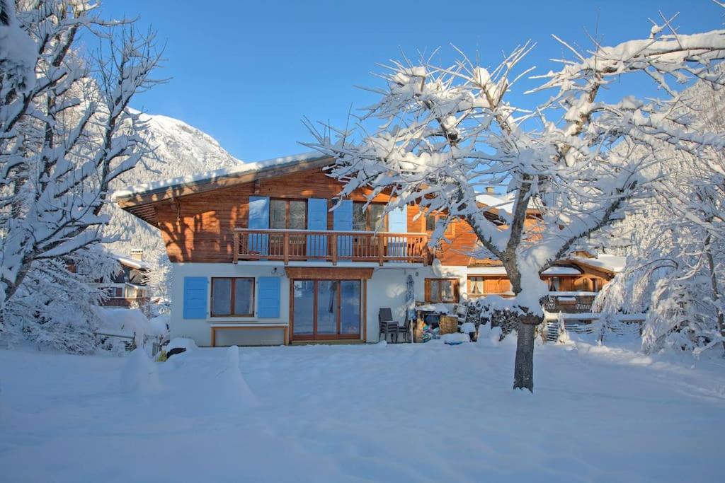 夏蒙尼-勃朗峰Chalet Clara的雪中的房子,有雪覆盖的树木