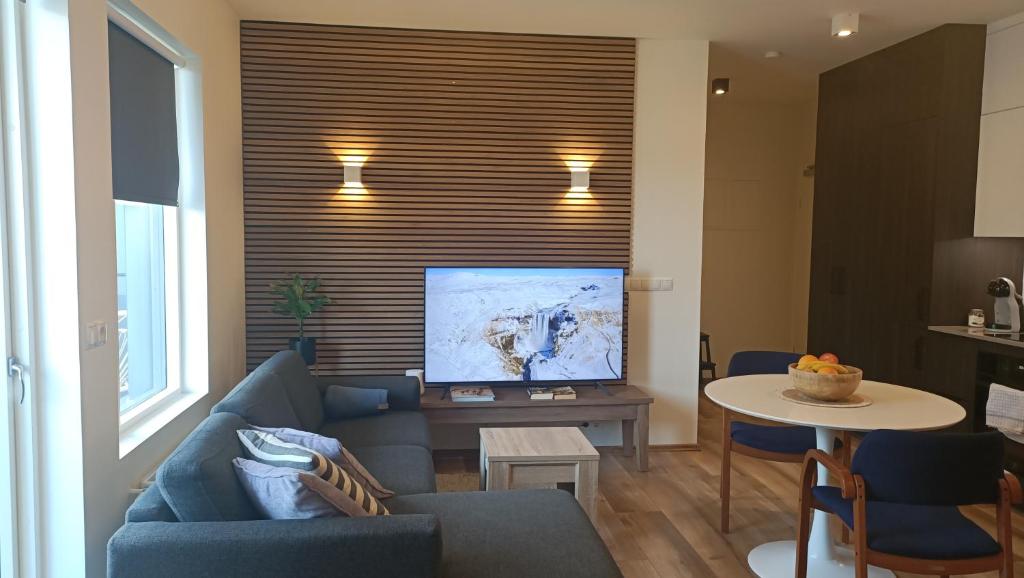 雷克雅未克Ocean View Suite near Sky Lagoon的客厅配有蓝色的沙发和电视
