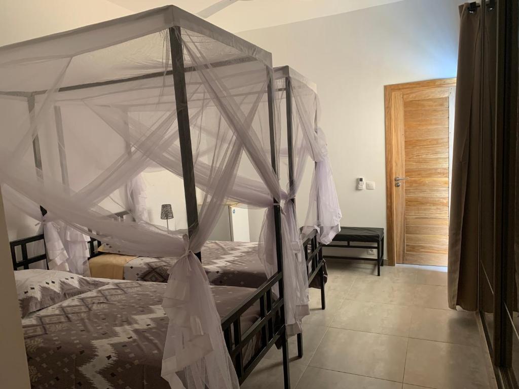 恩加帕鲁Chambre meublée indépendante Les Hirondelles的一间卧室配有两张双层床和天蓬