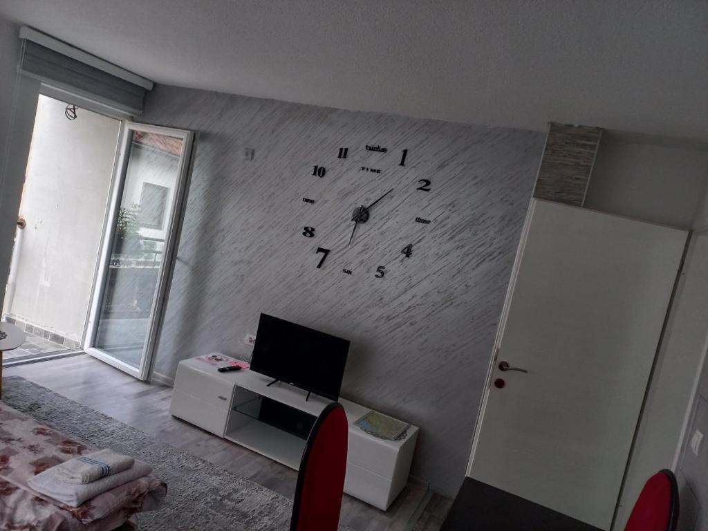 普拉夫Adagio Studio Apartment的客厅墙上挂着时钟