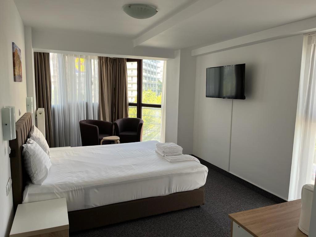 布加勒斯特Acomodoro Residence的配有一张床和一台平面电视的酒店客房