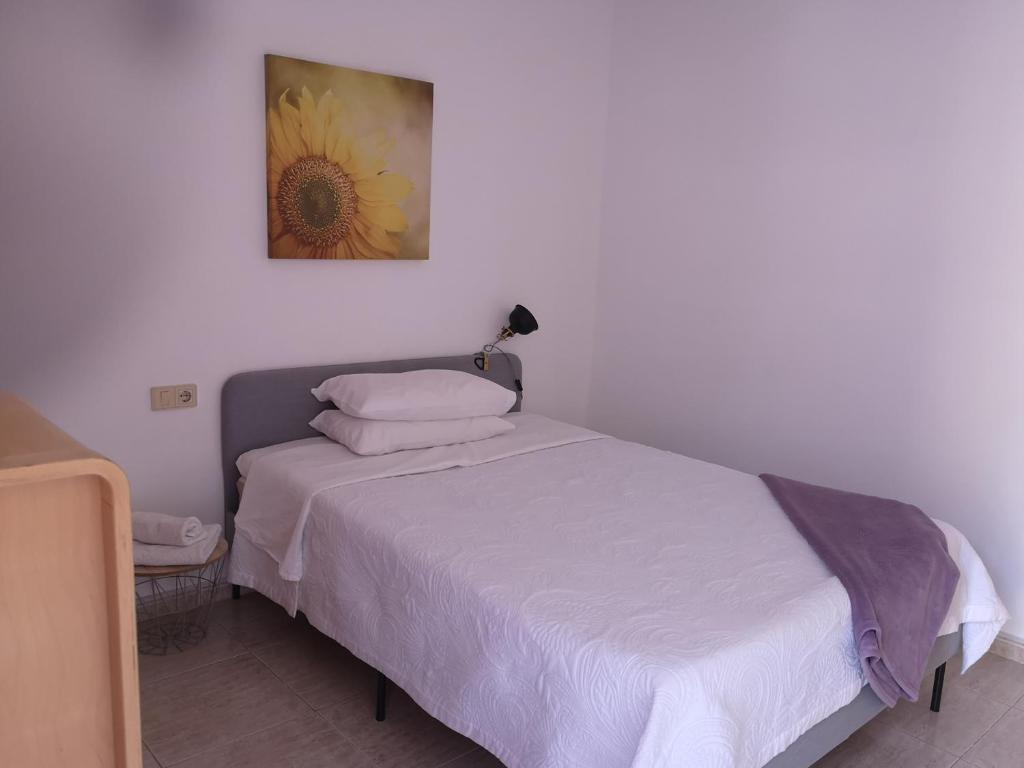 莫罗德哈布雷Acogedoras Habitaciones Privadas zona Costera Wifi的卧室配有一张挂有花卉画的床铺。
