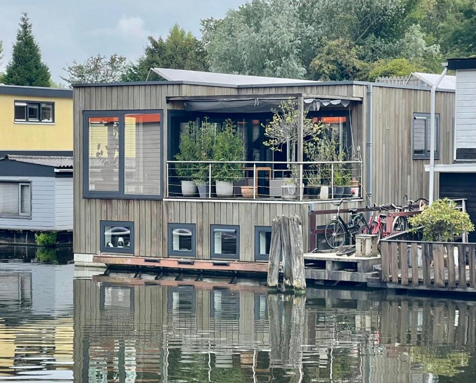阿姆斯特丹NOVA Houseboat DELUXE Free Bikes的水面上码头上的房屋