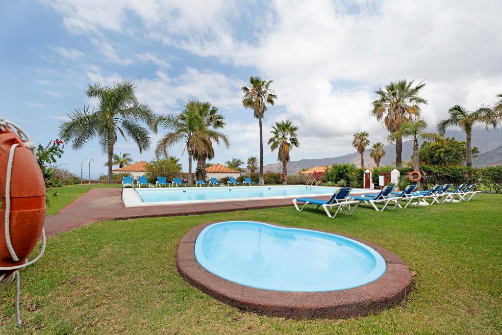 Los BarrosLa Villa La Palma- 1 dormitorio B的一个带躺椅的大型游泳池,棕榈树