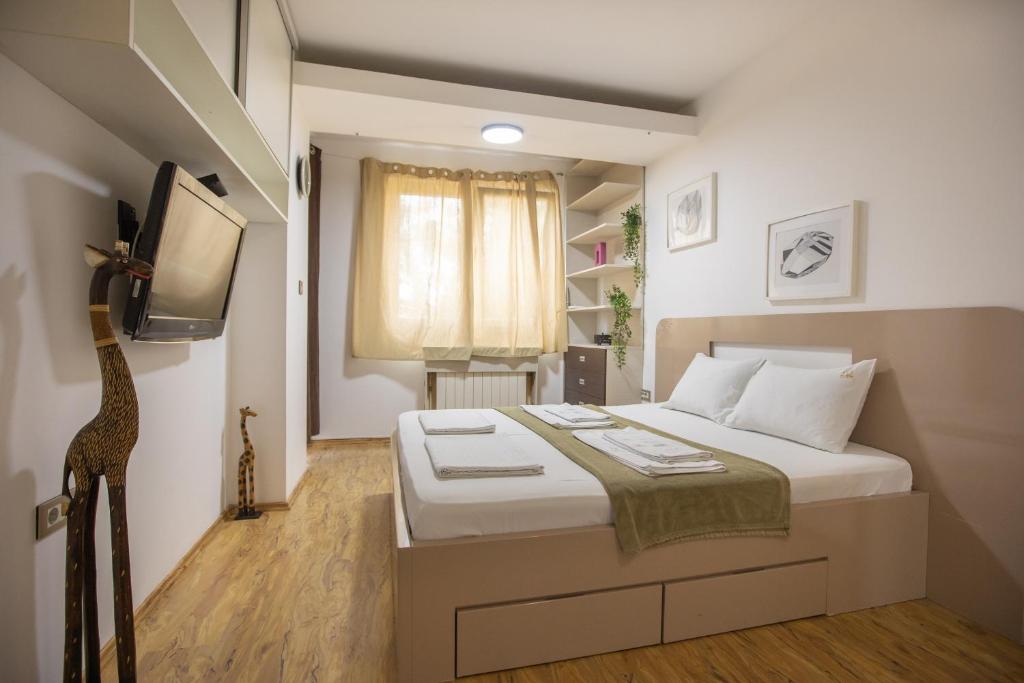 尼什Apartment DE LUXE FAMILY的一间带床和电视的小卧室