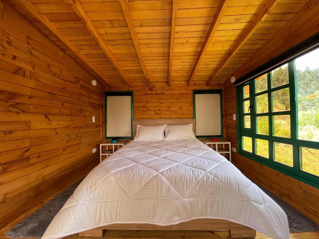 派帕Huitaca Glamping的木制客房的一张大床,设有窗户