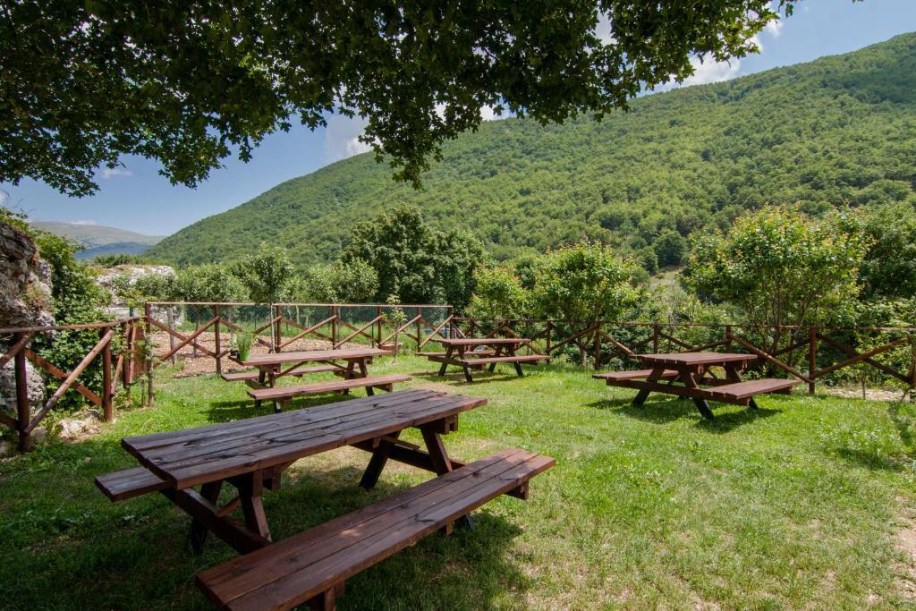 斯坎诺阿尔派斯池欧乡村民宿的一组野餐桌,在草地上,山地背景