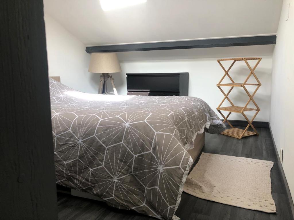 BéthenyAppartement/studio的卧室配有带灰色棉被的床