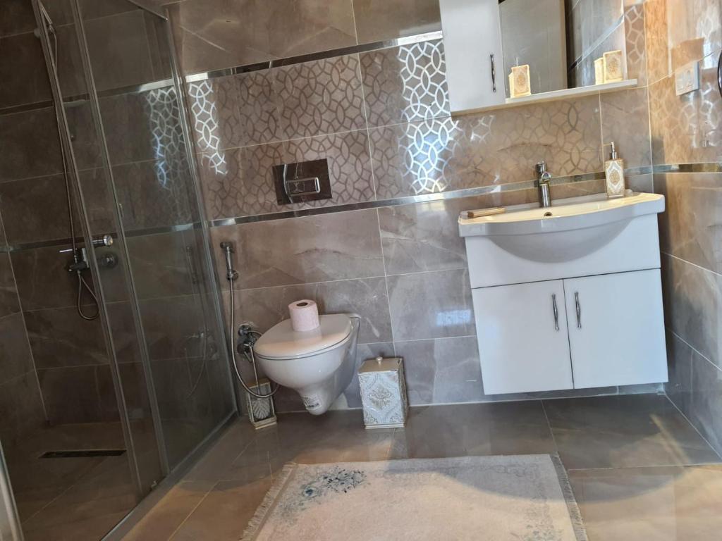 卡特佩Villa Mila的浴室配有卫生间、盥洗盆和淋浴。