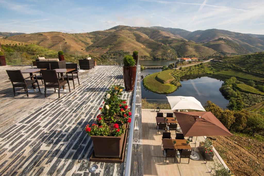 阿马马尔Vila Gale Douro Vineyards的享有湖泊和山脉美景的庭院