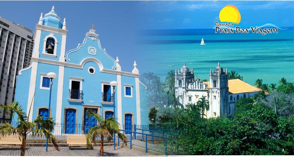 累西腓Pousada Praia Boa Viagem的一座白色的建筑,在海边设有钟楼
