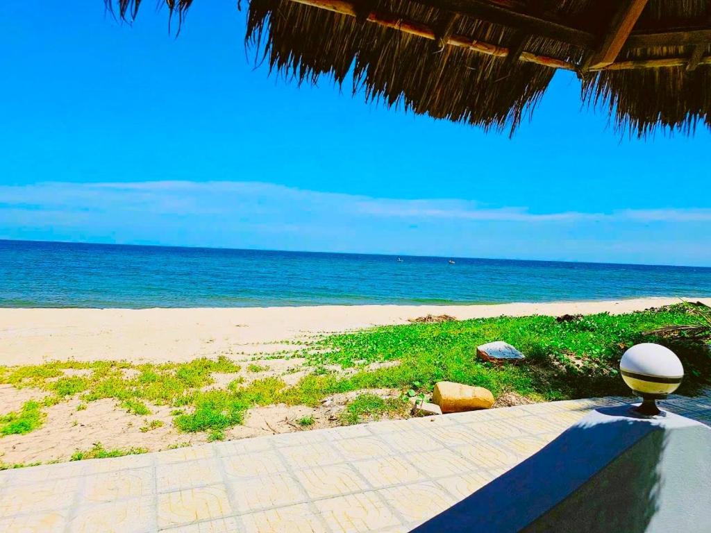 潘切卡萨海滩度假酒店的一个带草伞的海滩和大海