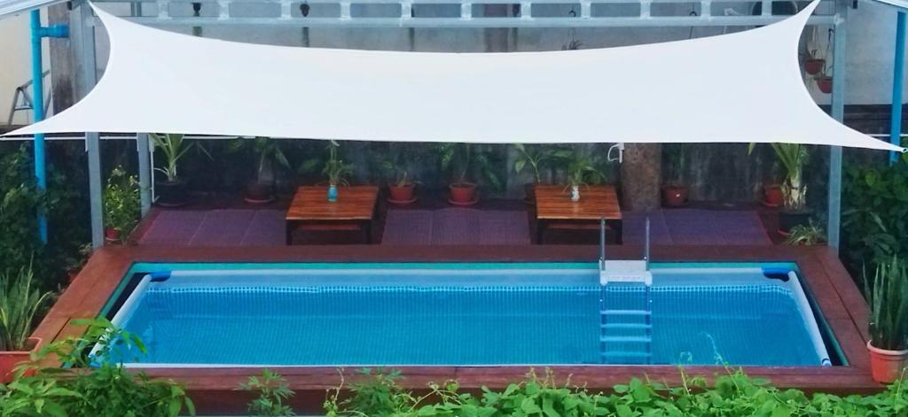 他曲Bamboo Hostel的享有带白色天篷的游泳池的顶部景致