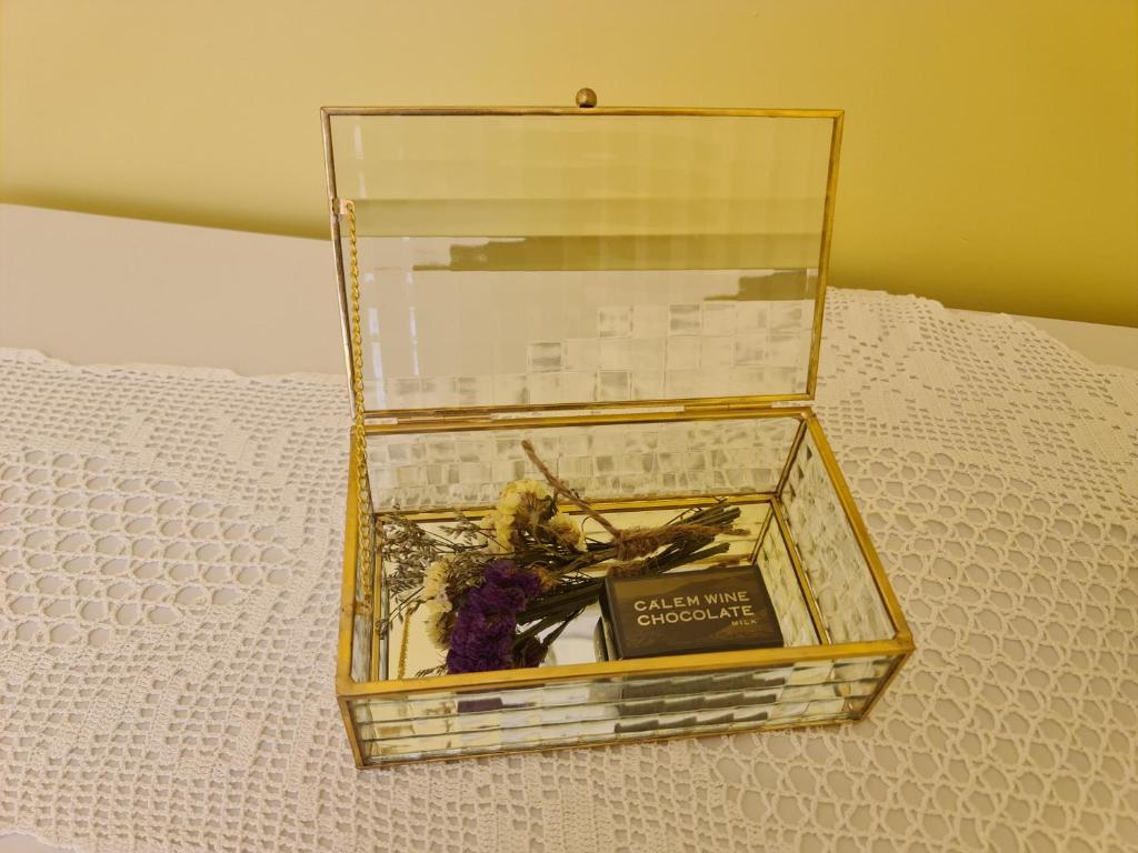 波尔图Casinhas no Carolina - Hostel的装有书和鲜花的玻璃盒子