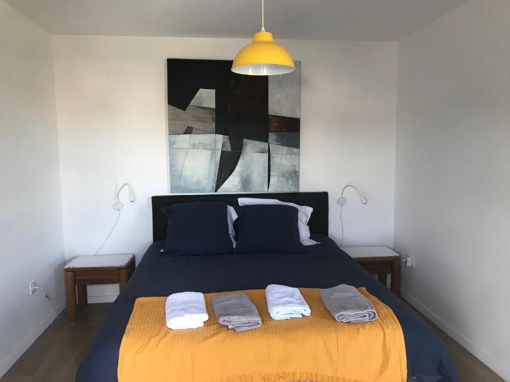拉罗谢尔Le Lodge Park à La Rochelle的一间卧室配有一张床,上面有两条毛巾
