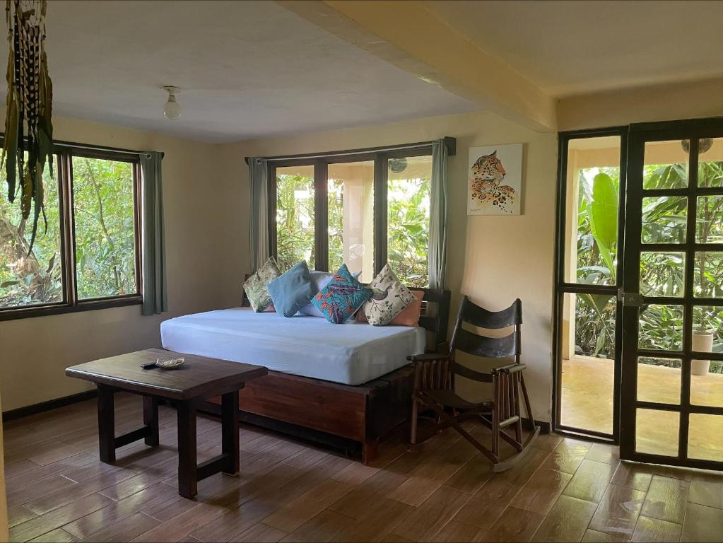 托尔图格罗Casa Jaguar Tortuguero的卧室配有床、桌子和窗户。